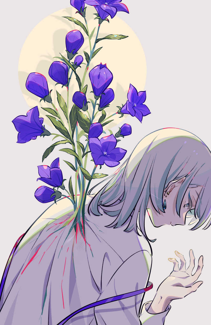 1boy, absurdres, blue_menouu, earrings, flower, hair_behind_ear, hand_up, highres