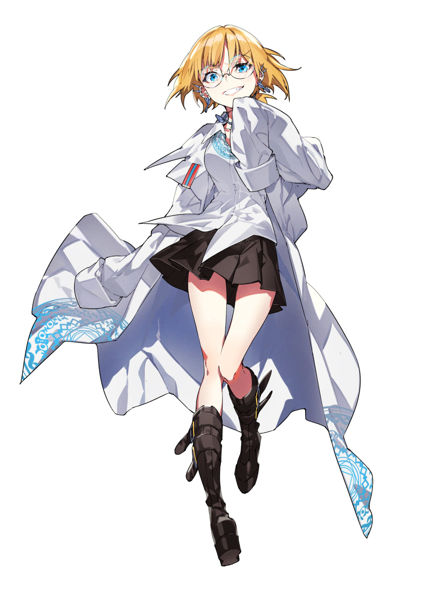1girl, absurdres, bangs, black_footwear, black_skirt, blonde_hair, blue_eyes, boots