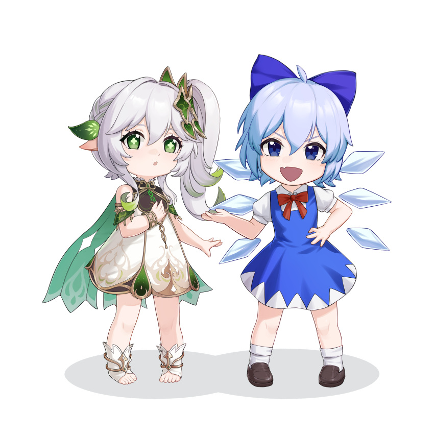 2girls, :d, absurdres, ahoge, aqua_hair, bangs, blue_eyes, bow, bracelet, cape, cirno, commentary, crossover, detached_sleeves, dress, fairy_wings, full_body, genshin_impact, gradient_hair, green_eyes, hair_between_eyes, hair_bow, hair_ornament, hair_ribbon, hand_on_hip, highres, ice, ice_wings, jewelry, long_hair, looking_at_viewer, multicolored_hair, multiple_girls, nahida_(genshin_impact), out_of_frame, parted_lips, pointy_ears, ribbon, shoes, short_hair, short_sleeves, side_ponytail, sidelocks, simple_background, smile, socks, standing, star_(symbol), stirrup_legwear, toeless_legwear, touhou, v-shaped_eyebrows, white_background, white_dress, white_hair, wings, xue_xue