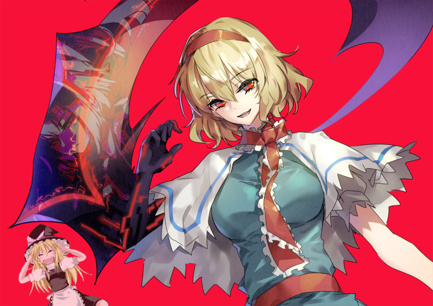 >_<, 2girls, alice_margatroid, apron, bangs, black_skirt, black_vest, blonde_hair, blue_dress, bois_de_justice, bow, breasts, capelet, commentary_request, cookie_(touhou), daiyousei, dies_irae, different_reflection, diyusi_(cookie), dress, frilled_capelet, frilled_necktie, frills, hair_between_eyes, hairband, hands_on_own_head, hat, hat_bow, hinase_(cookie), kamekamekame, kirisame_marisa, long_hair, medium_breasts, multiple_girls, necktie, one_eye_closed, open_mouth, purple_bow, red_background, red_eyes, red_hairband, red_necktie, red_sash, reflection, sash, shinza_bansho_series, short_hair, simple_background, skirt, smile, solo_focus, touhou, upper_body, uzuki_(cookie), vest, waist_apron, white_apron, white_capelet