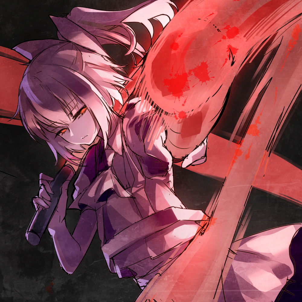 1girl, bangs, bow, closed_mouth, commentary_request, cookie_(touhou), cowboy_shot, daiyousei, diyusi_(cookie), dual_wielding, dutch_angle, expressionless, hair_bow, high-visibility_vest, high_ponytail, holding, kamekamekame, looking_at_viewer, medium_hair, meme, monochrome, ponytail, red_theme, shirt, short_sleeves, skirt, solo, touhou, traffic_baton, unusually_open_eyes, vest, yajuu_no_gankou_(meme)