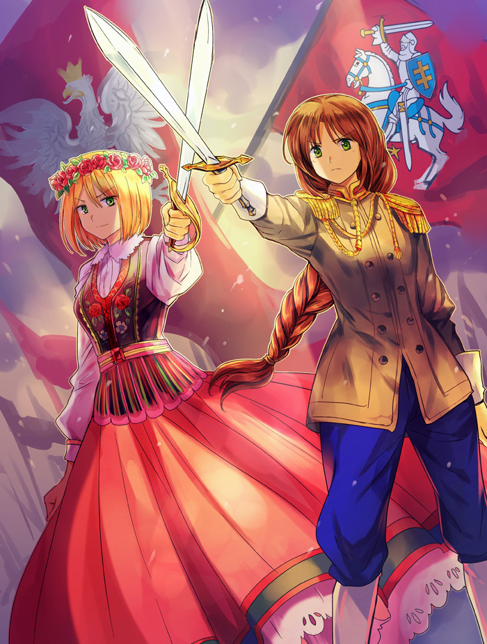 2girls, axis_powers_hetalia, backlighting, bird, blonde_hair, blue_pants, blue_sky, blurry