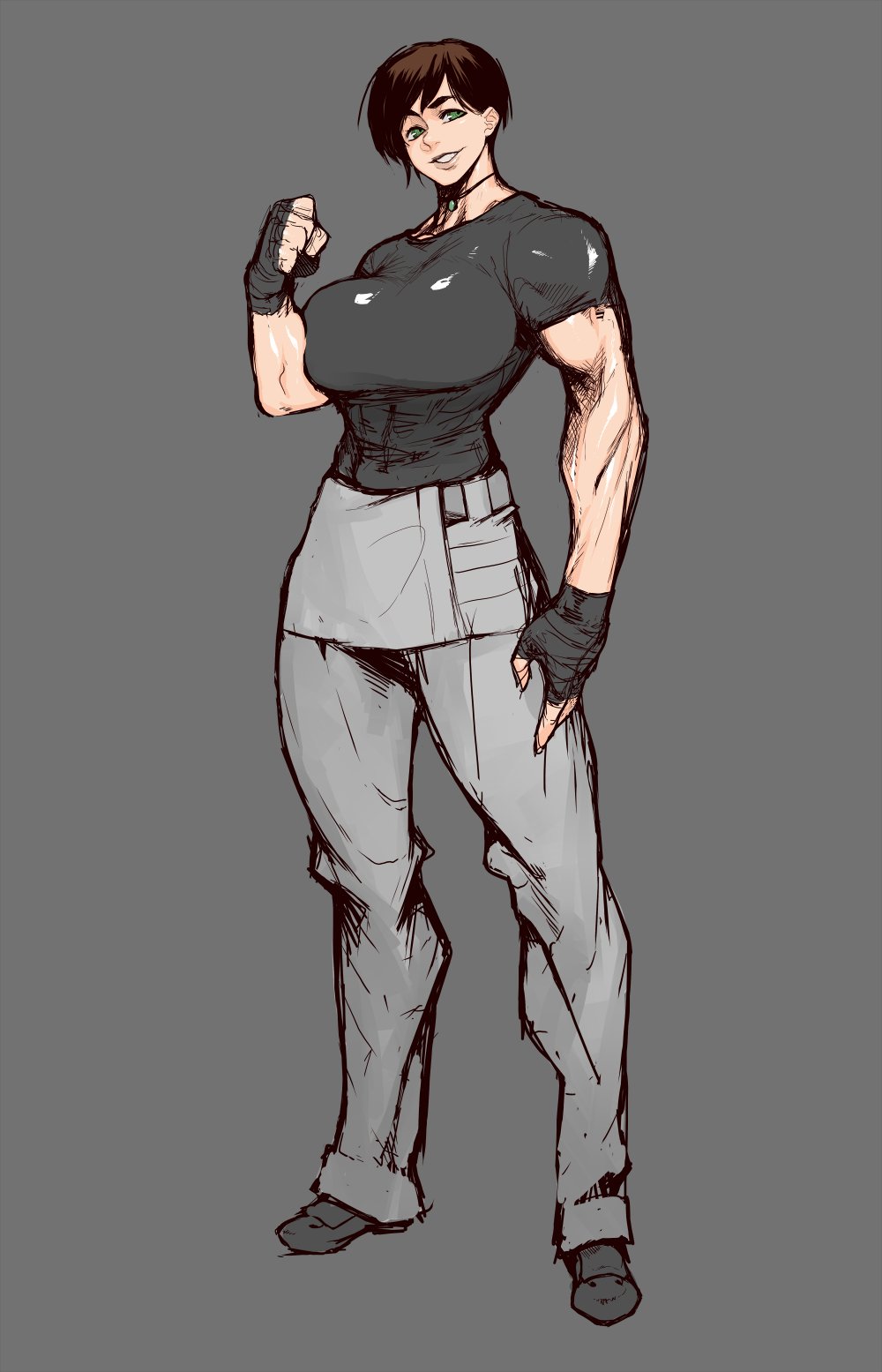 1girl, abs, arm_at_side, bangs, black_gloves, black_shirt, blue_eyes, breasts, brown_hair, choker, clenched_hand, deep_skin, fingerless_gloves, full_body, gloves, grey_background, grey_footwear, grin, head_tilt, highres, huge_breasts, impossible_clothes, impossible_pants, impossible_shirt, jankojaro, lips, looking_at_viewer, muscular, muscular_female, navel, original, outline, pants, pendant_choker, shiny, shiny_clothes, shiny_skin, shirt, shoes, short_hair, short_sleeves, simple_background, sketch, smile, solo, swept_bangs, tight, tight_pants, tomboy