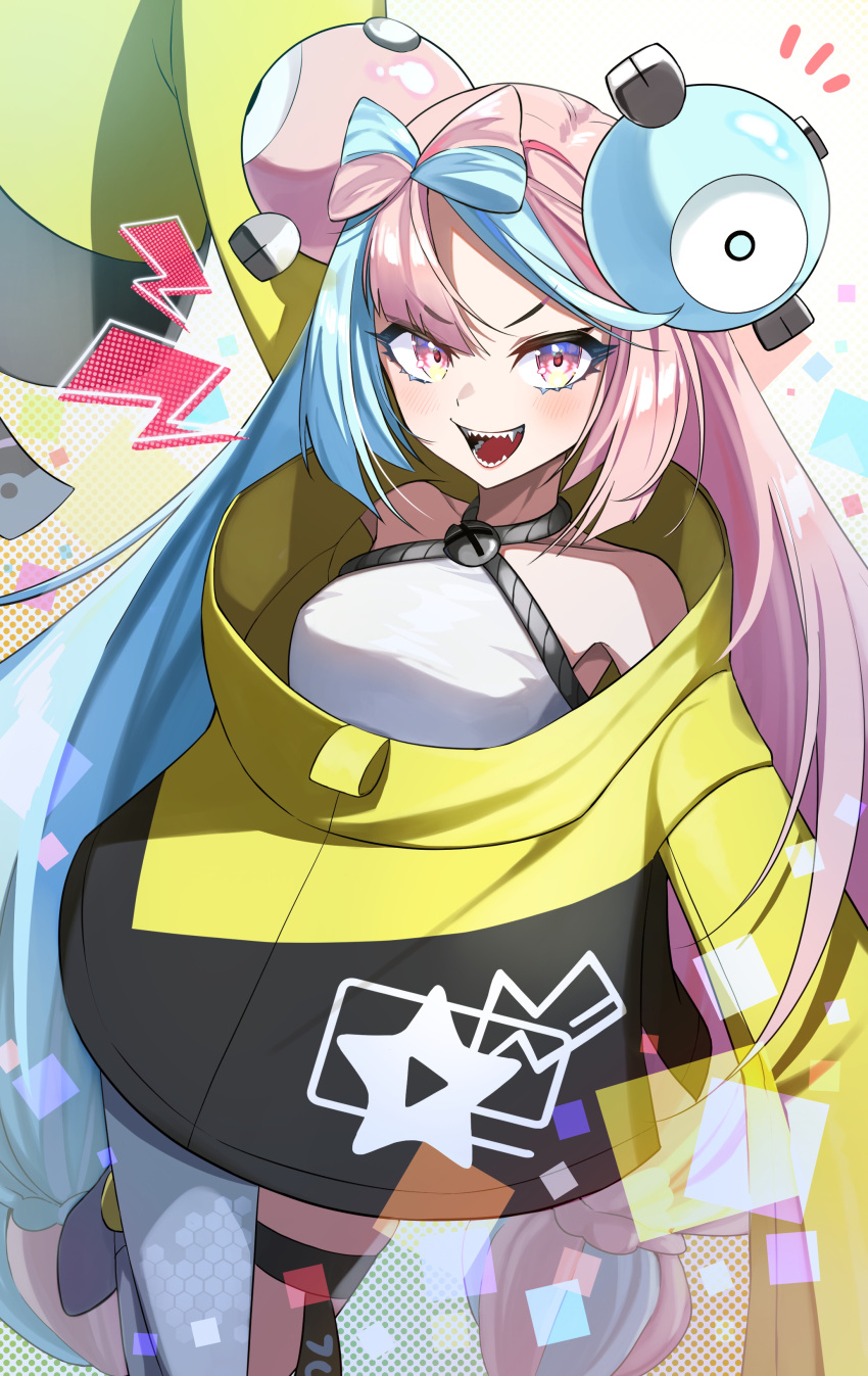1girl, absurdres, asymmetrical_legwear, bangs, bare_shoulders, black_jacket, blue_hair, boots