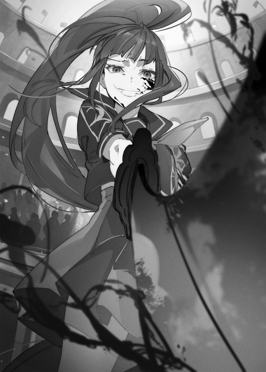 1girl, absurdres, bangs, black_hair, black_skirt, blood, blood_on_face, evil_smile