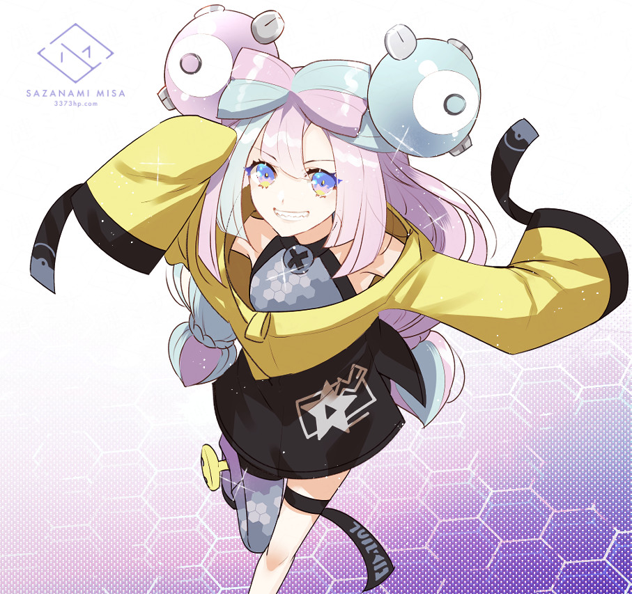 1girl, aqua_hair, artist_logo, artist_name, asymmetrical_legwear, bangs, bare_shoulders, black_jacket