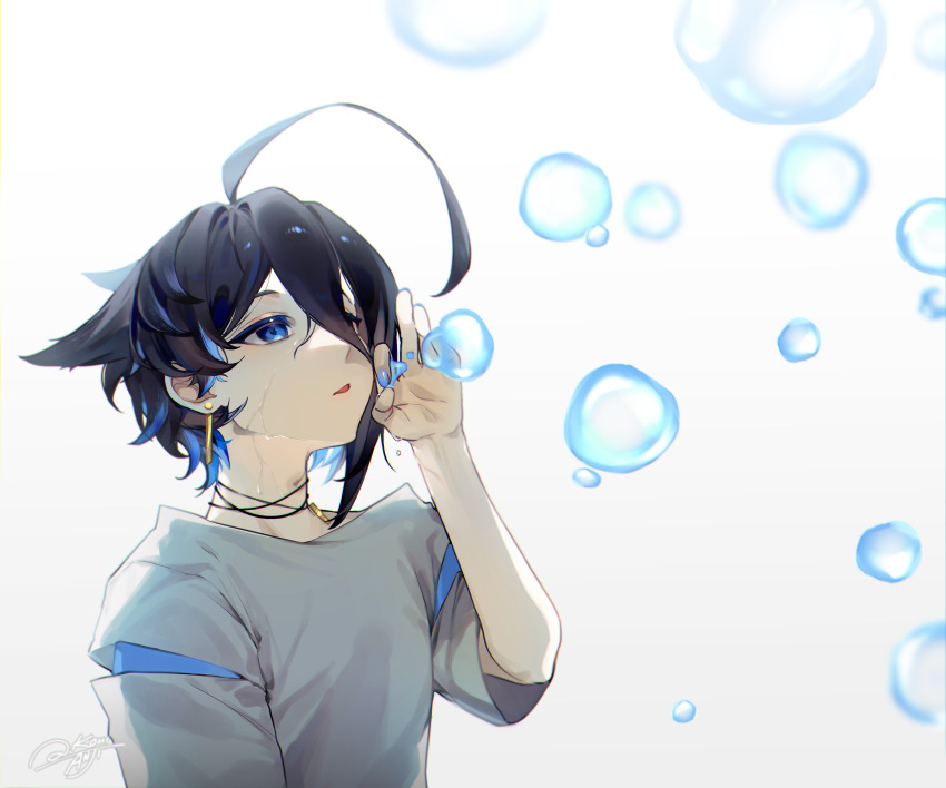 1boy, absurdres, ahoge, black_hair, blue_eyes, blue_nails, earrings, hair_between_eyes
