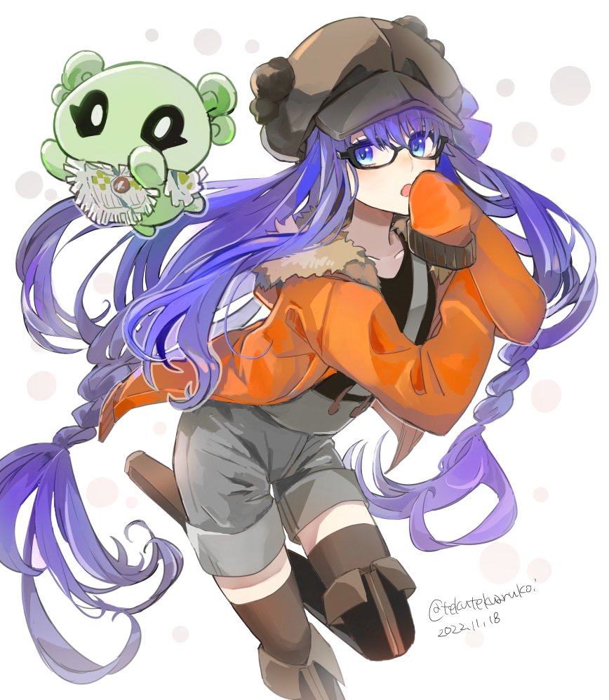 1girl, blue_eyes, braid, dated, fate/grand_order, fate_(series), fur-trimmed_jacket, fur_trim, glasses, grey_shorts, hat, jacket, kon_(fate), long_hair, meltryllis_(fate), meltryllis_(swimsuit_lancer)_(fate), official_alternate_costume, orange_jacket, purple_hair, shorts, sleeves_past_fingers, sleeves_past_wrists, suspender_shorts, suspenders, tekuteku_aruko, twin_braids, twitter_username, very_long_hair
