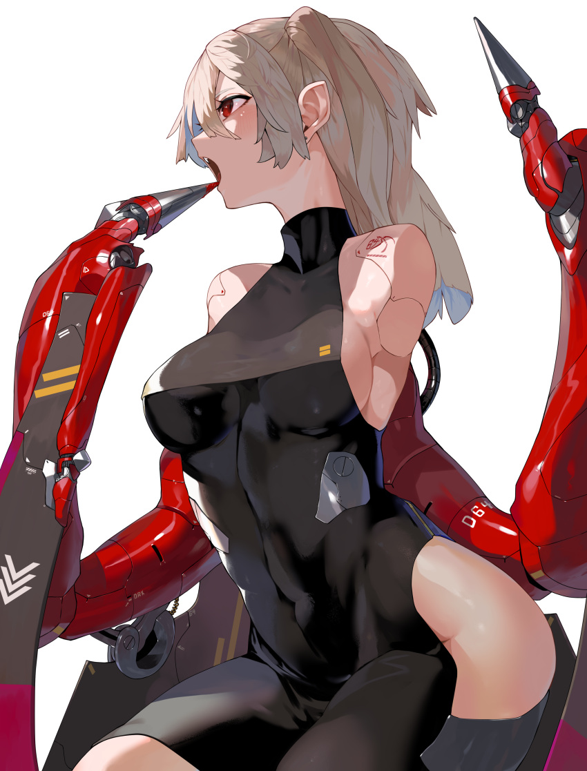 1girl, absurdres, amputee, blonde_hair, breasts, covered_navel, cyborg, double_amputee