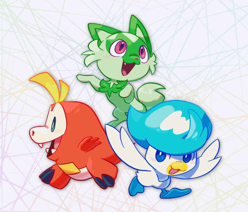 :d, blue_eyes, bright_pupils, commentary, fang, fuecoco, happy, highres