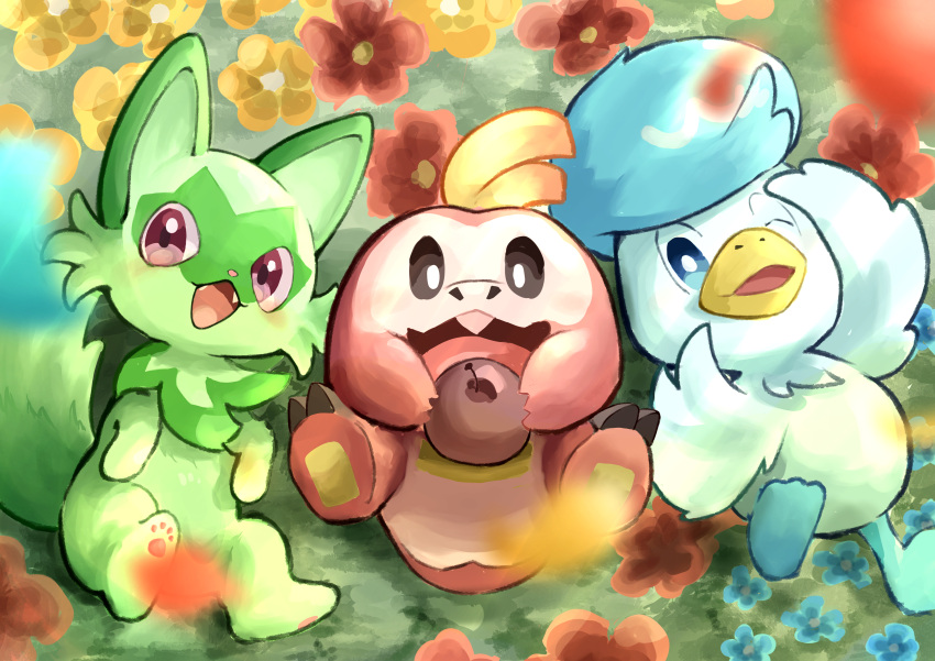 :d, absurdres, bright_pupils, commentary_request, fangs, flower, food, from_above