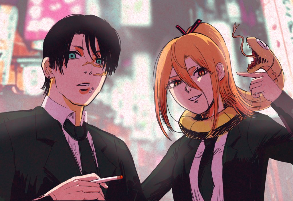 1boy, 1girl, ayanemio2717, black_hair, blue_eyes, chainsaw_man, cigarette, hayakawa_aki_(early_concept_design)
