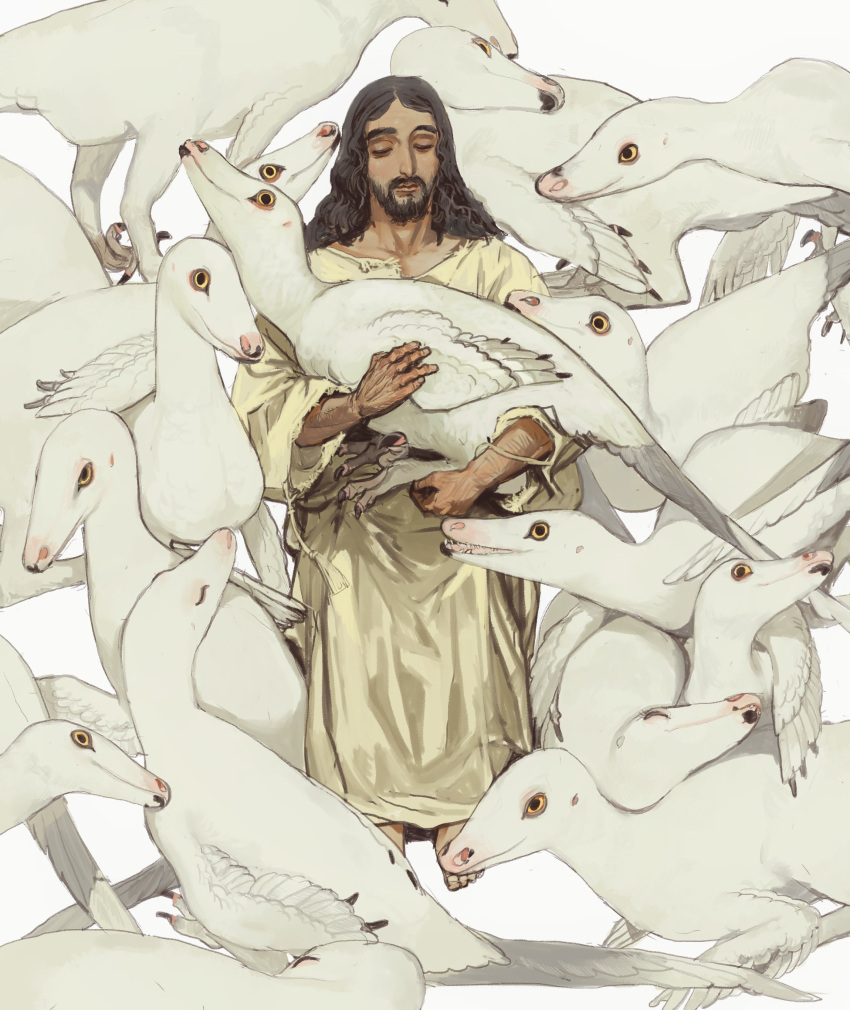 1boy, absurdres, animal, bangs, barefoot, beard, bird, black_hair