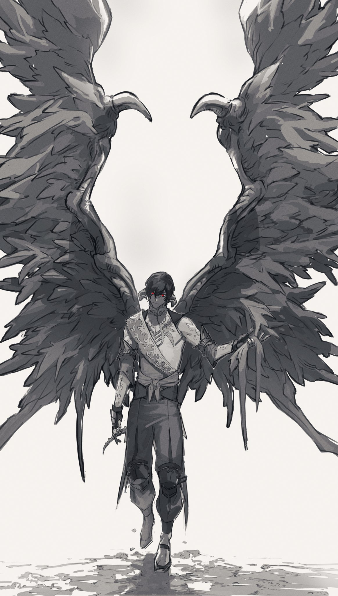 1boy, arm_at_side, au_ra, bangs, black_footwear, black_gloves, black_hair, curled_horns