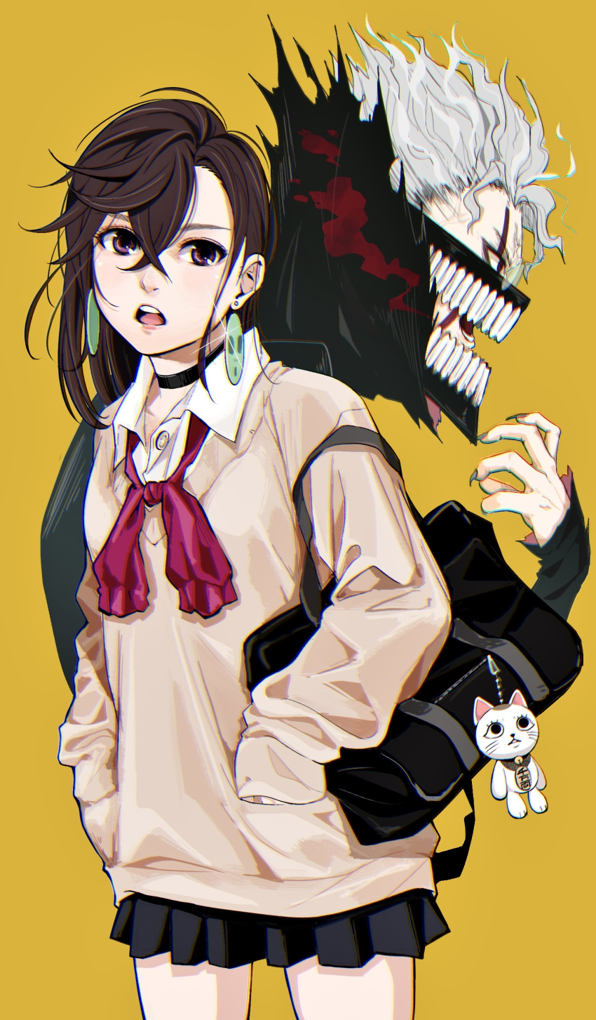 1boy, 1girl, absurdres, ayase_momo, bag, black_choker, blue_background, brown_hair