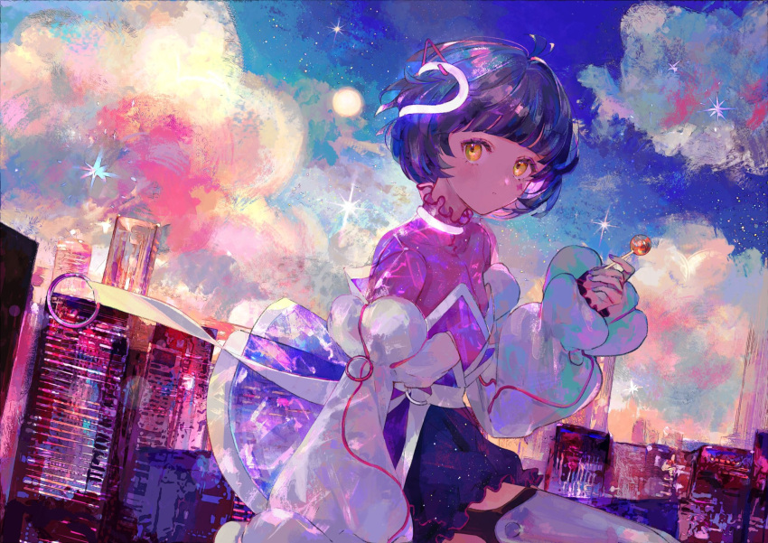 1girl, aru_(sinsekai), bangs, belt, building, candy, facial_mark, food