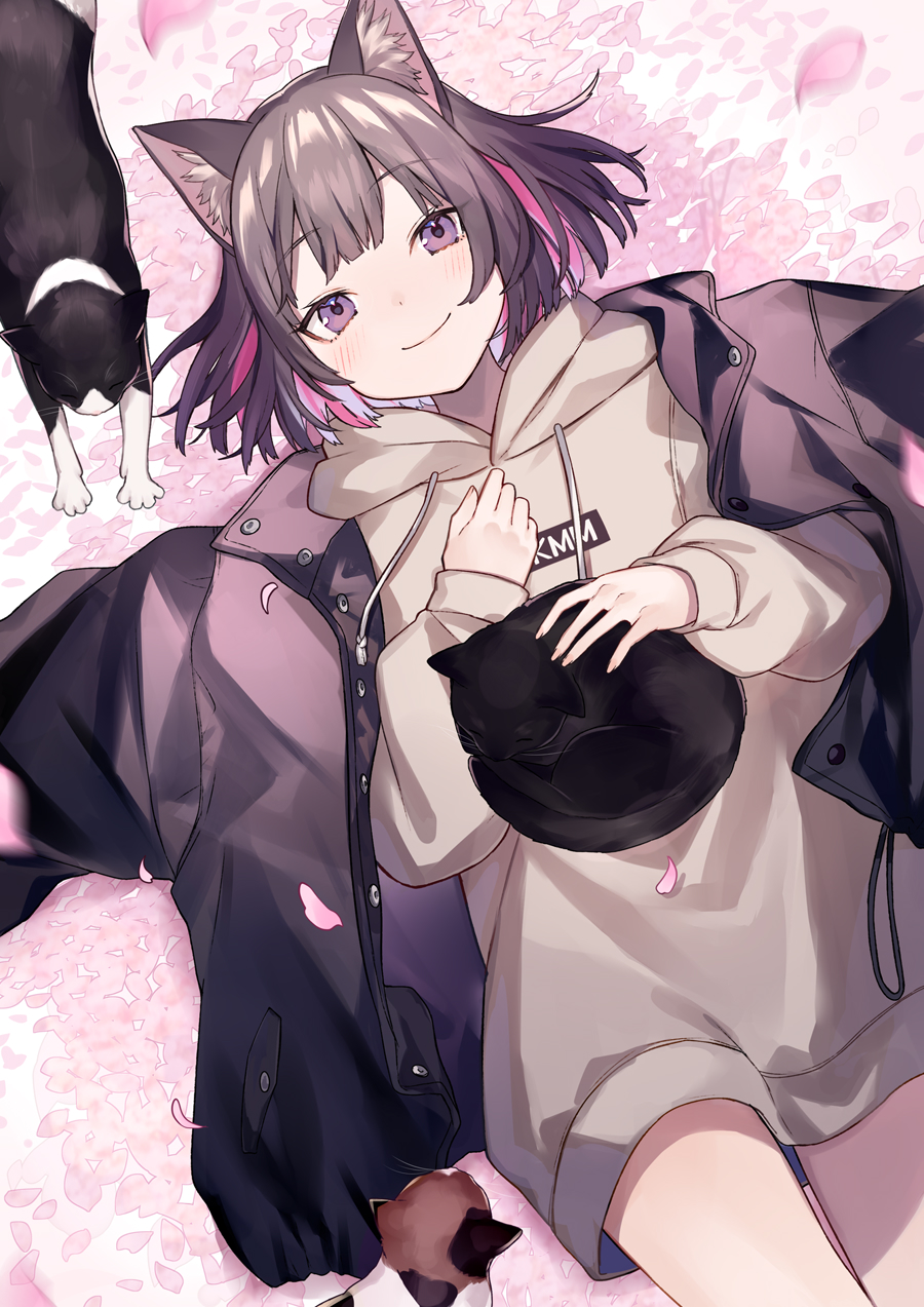 1girl, animal, animal_ear_fluff, animal_ears, animal_on_chest, black_cat, black_jacket, brown_hair, calico, cat, cat_ears, cat_girl, cat_on_chest, cat_on_person, hand_on_animal, highres, hood, hood_down, hoodie, jacket, jacket_removed, long_sleeves, lying, multicolored_hair, on_back, original, petals, pink_hair, puffy_long_sleeves, puffy_sleeves, short_hair, shugao, smile, two-tone_hair, violet_eyes