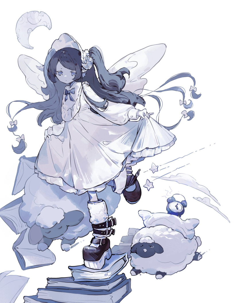 1girl, alarm_clock, blue_eyes, blue_hair, bonnet, book, book_stack, clock