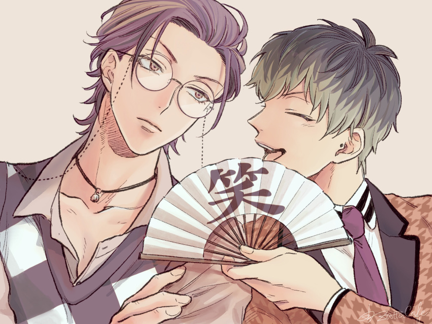 2boys, :d, argyle, argyle_sweater, artist_name, brown_eyes, closed_eyes, folding_fan, glasses, green_hir, grey_hair, hand_fan, hand_on_another's_arm, highres, hypnosis_mic, long_sleeves, looking_at_another, multiple_boys, necktie, nurude_sasara, purple_hair, smile, sweater, tsutsujimori_roshou, upper_body, zattacafe