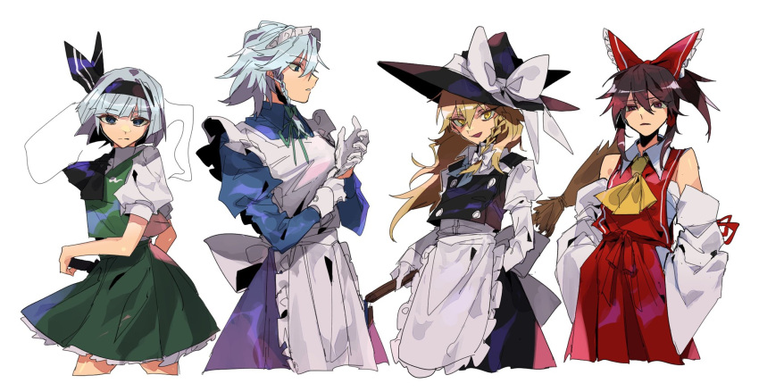 4girls, apron, blonde_hair, commentary_request, detached_sleeves, fuuga_(perv_rsity), hakurei_reimu, hat