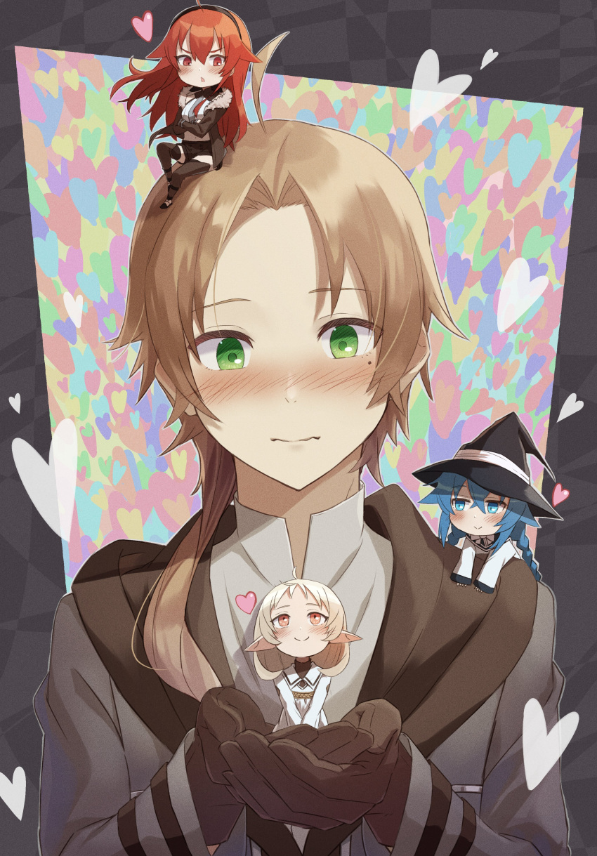 1boy, 3girls, absurdres, ahoge, bangs, black_hairband, black_headwear, blue_eyes, blue_hair, blush, braid, breasts, brown_hair, chibi, closed_mouth, crossed_bangs, elf, eris_greyrat, hair_between_eyes, hairband, hanging_on_another, hat, heart, heart_background, highres, jacket, long_hair, long_sleeves, multiple_girls, mushoku_tensei, nakami_cheese, navel, open_mouth, pointy_ears, red_eyes, redhead, roxy_migurdia, rudeus_greyrat, short_hair, sitting_on_shoulder, small_breasts, smile, sylphiette_(mushoku_tensei), tsurime, twin_braids, white_hair, witch_hat
