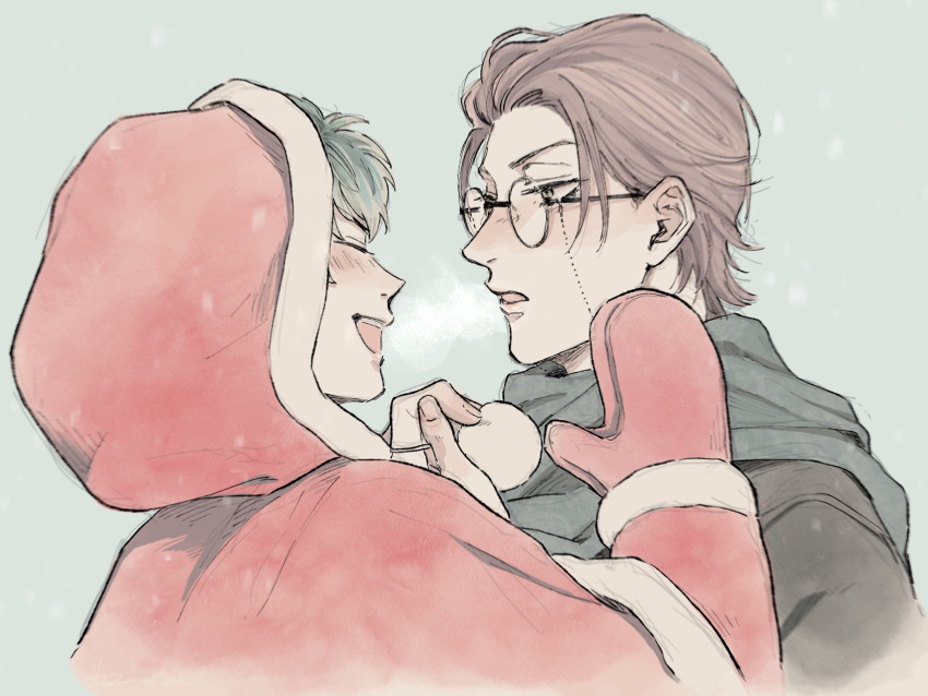 2boys, :d, brown_hair, closed_eyes, coat, facing_another, glasses, grey_scarf