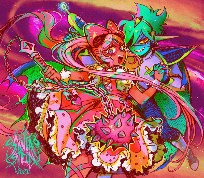 1boy, 1girl, 2021, artist_name, blue_skin, bow, captain_spaceboy, colored_sclera