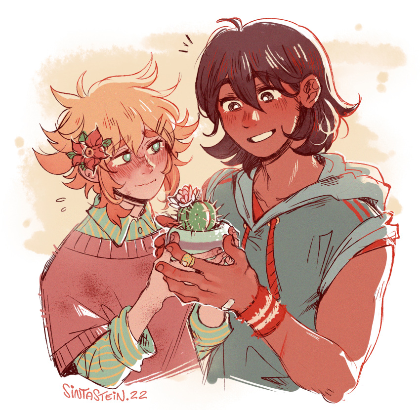 2boys, alternate_costume, artist_name, bandaid, bandaid_on_hand, basil_(omori), blonde_hair, blue_eyes