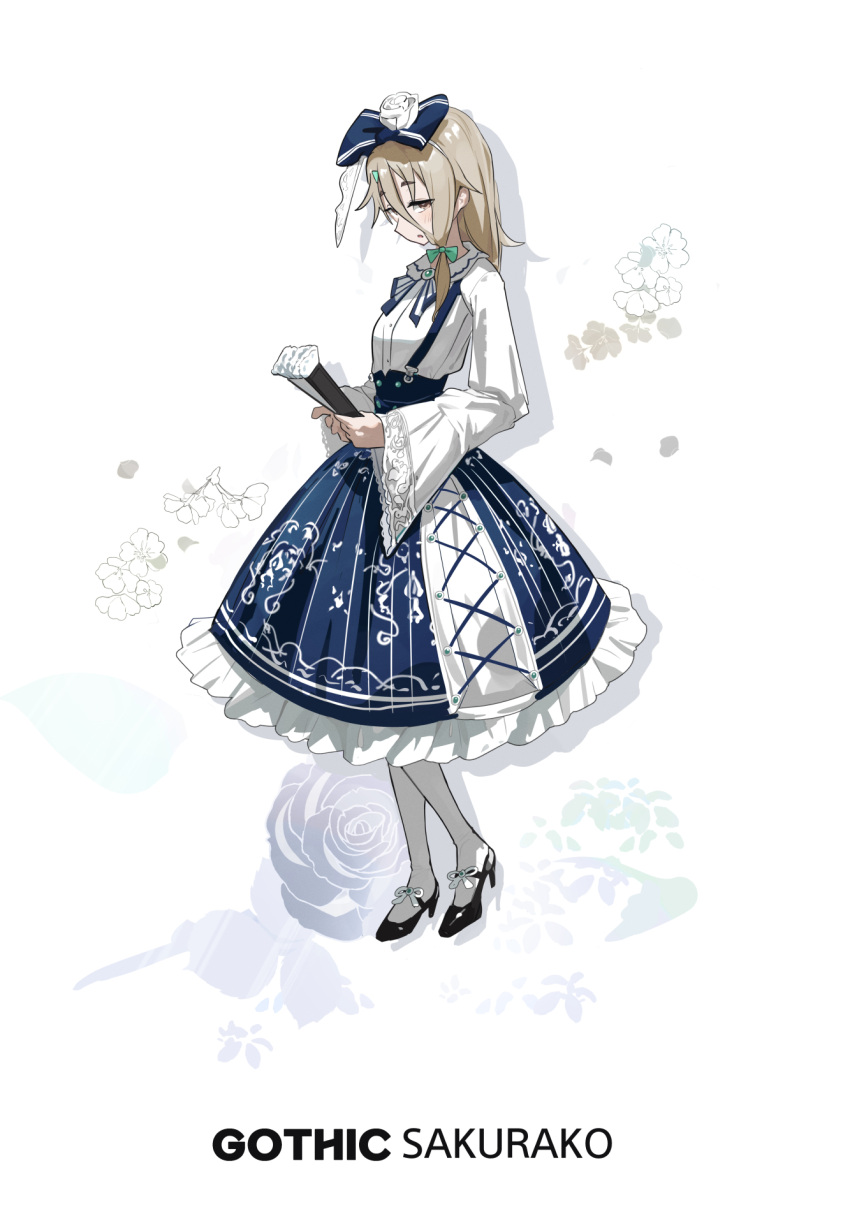 1girl, bangs, blush, bow, brown_hair, character_name, flower, folding_fan