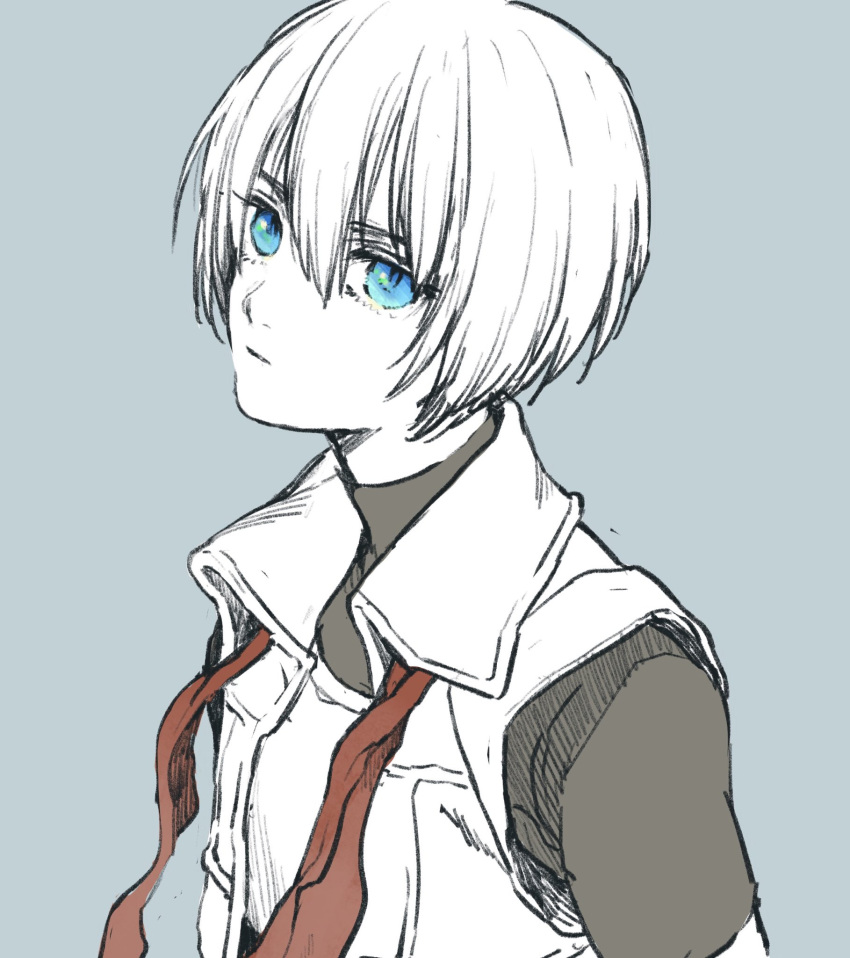 1boy, blue_eyes, closed_mouth, expressionless, gensou_suikoden, gensou_suikoden_iv, greyscale, highres