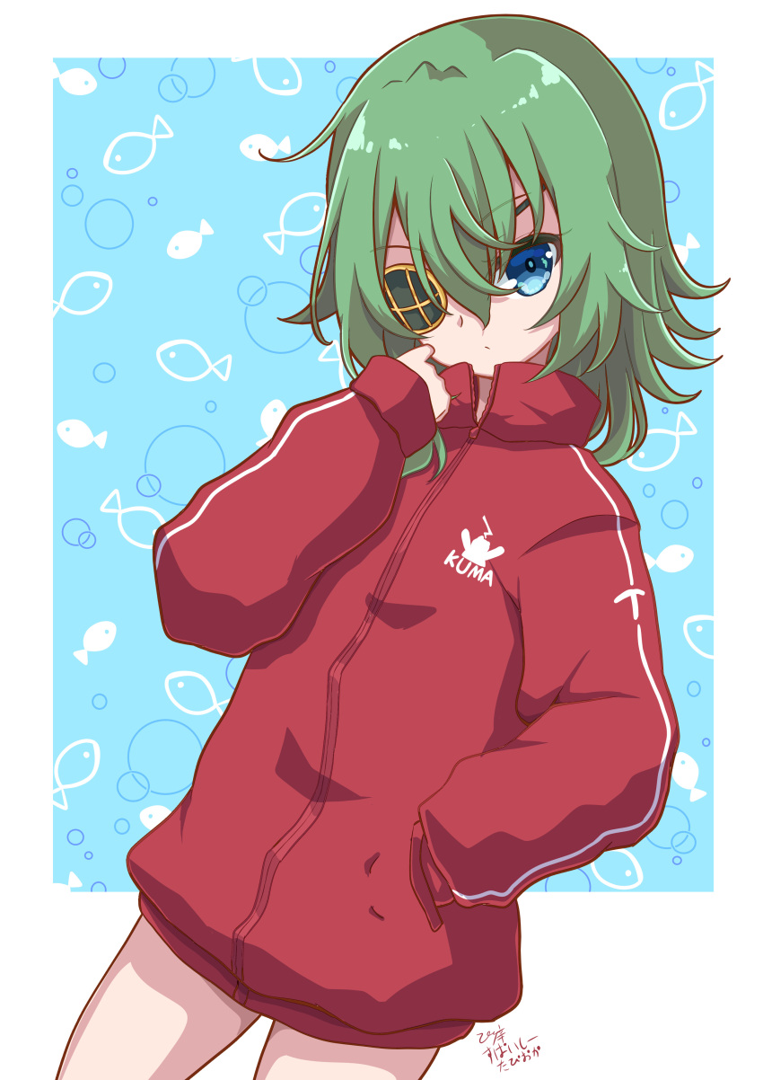 1girl, absurdres, cowboy_shot, eyepatch, green_eyes, green_hair, hand_in_pocket, highres