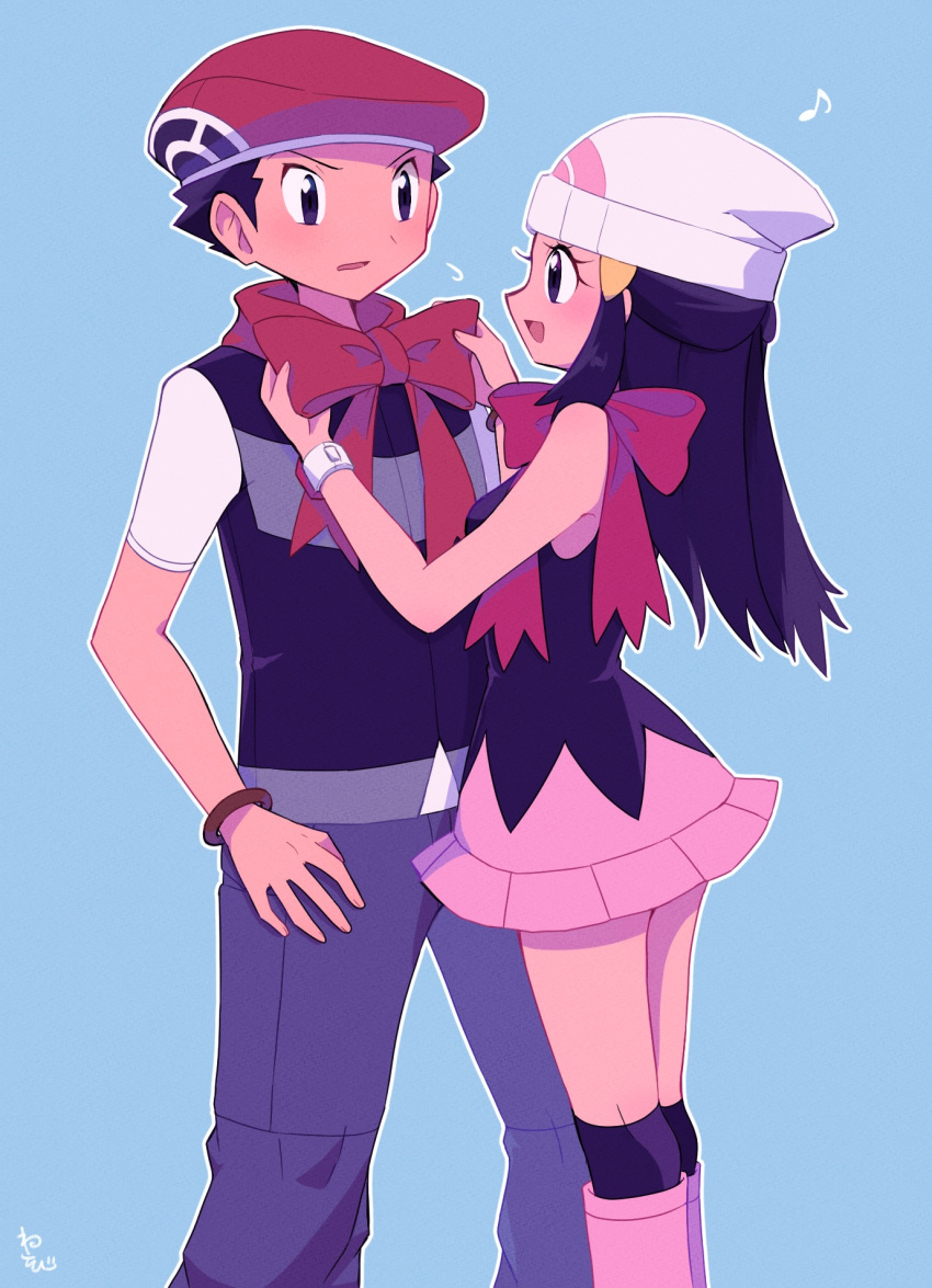 1boy, 1girl, bare_arms, black_eyes, black_shirt, black_socks, blue_background, boots
