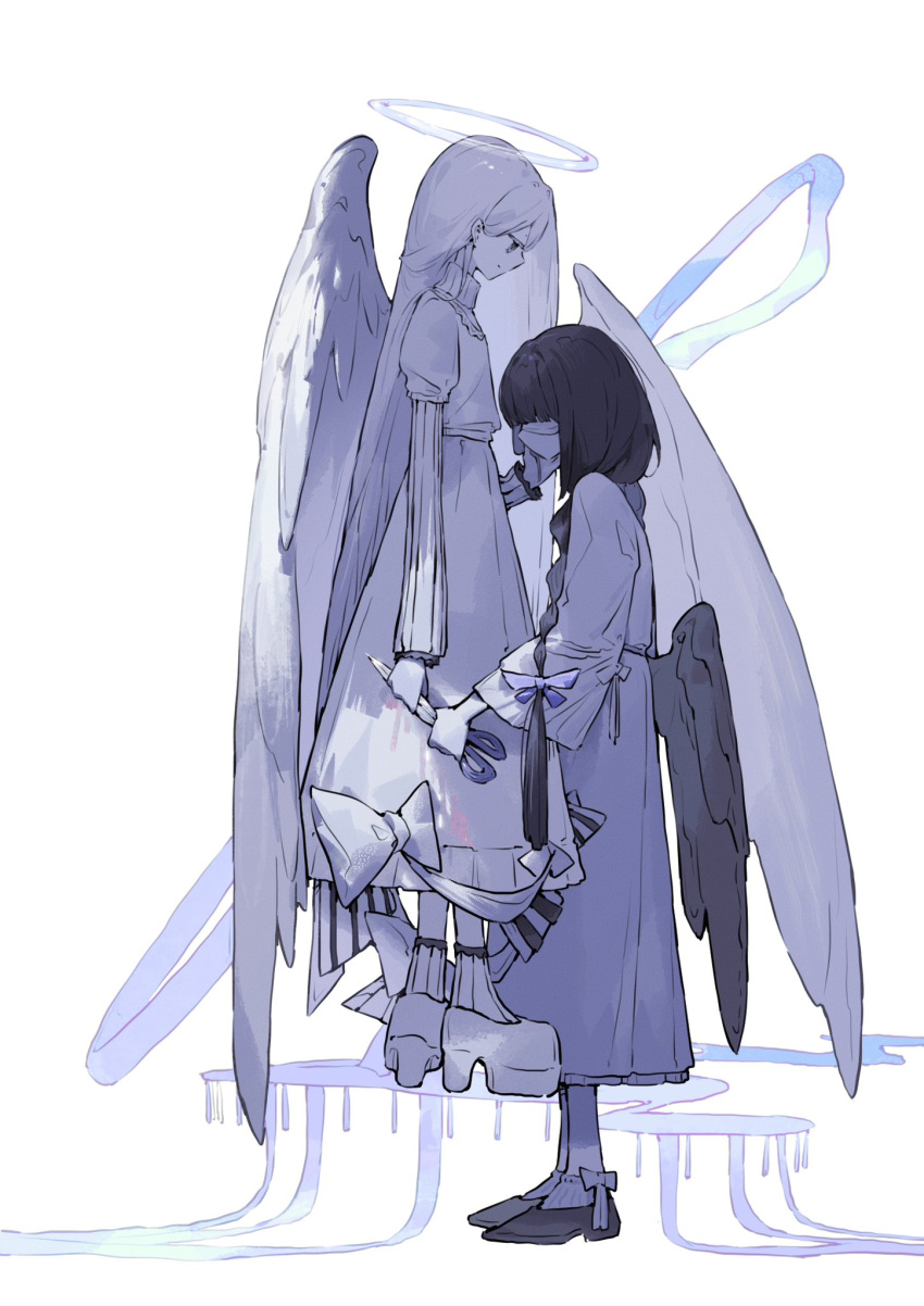 2girls, angel_wings, black_footwear, black_hair, black_wings, blindfold, braid, dress, halo, highres, holding, holding_scissors, lankilanki, long_hair, long_sleeves, multiple_girls, original, ribbon, scissors, socks, standing, white_background, white_dress, white_hair, white_wings, wide_sleeves, wings
