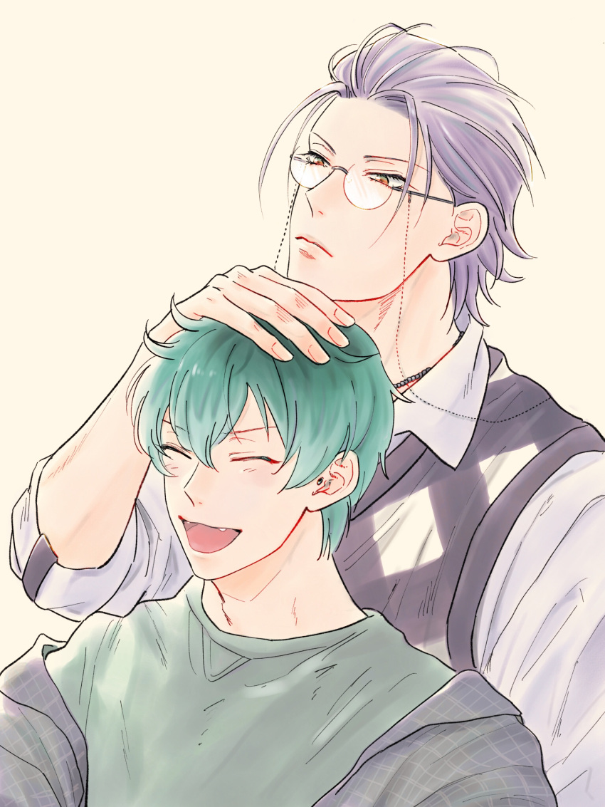 2boys, :d, brown_eyes, frown, green_hair, green_shirt, hair_slicked_back, highres