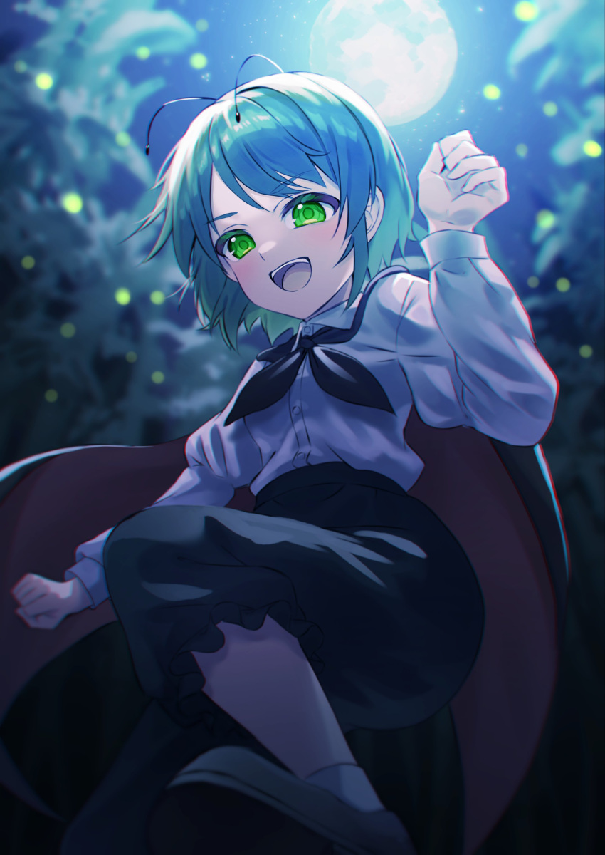 1girl, absurdres, arm_up, baggy_pants, bangs, black_cloak, black_pants, black_ribbon