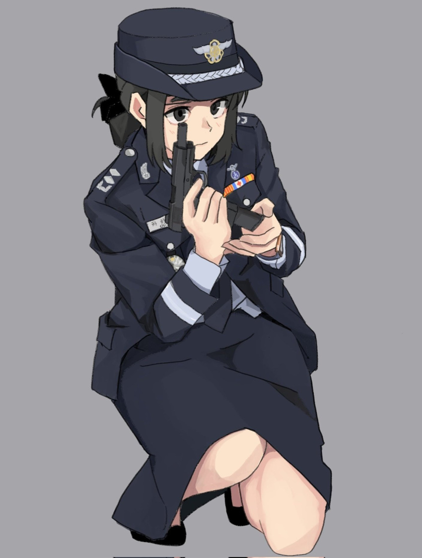 1girl, black_eyes, black_footwear, black_hair, english_commentary, folded_ponytail, full_body, grey_background