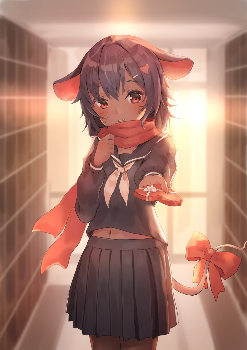 1girl, absurdres, animal_ears, blush, bow, box, commission, dark_skin