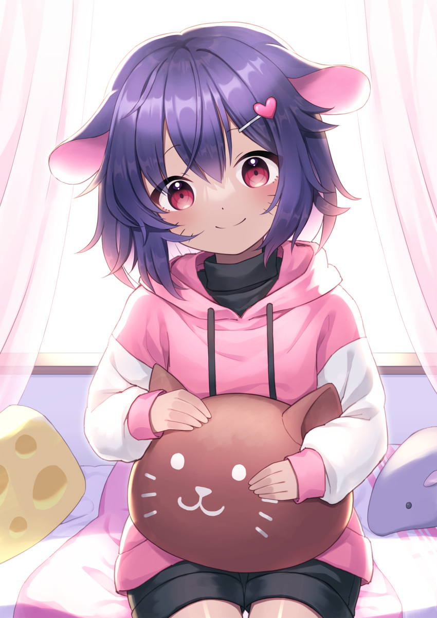 1girl, absurdres, animal_ears, bed, blush, bow, closed_mouth, commission, curtains, dark_skin, drawstring, facial_mark, hair_ornament, hairclip, highres, holding, holding_stuffed_toy, hood, hood_down, hoodie, indie_virtual_youtuber, long_sleeves, looking_at_viewer, md5_mismatch, mouse_ears, mouse_girl, original, pillow, purple_hair, red_eyes, resolution_mismatch, short_hair, shorts, sitting, sleeves_past_wrists, smile, solo, source_smaller, stuffed_animal, stuffed_toy, suzuno_naru, sweater, tail, turtleneck, yatra_(vtuber)