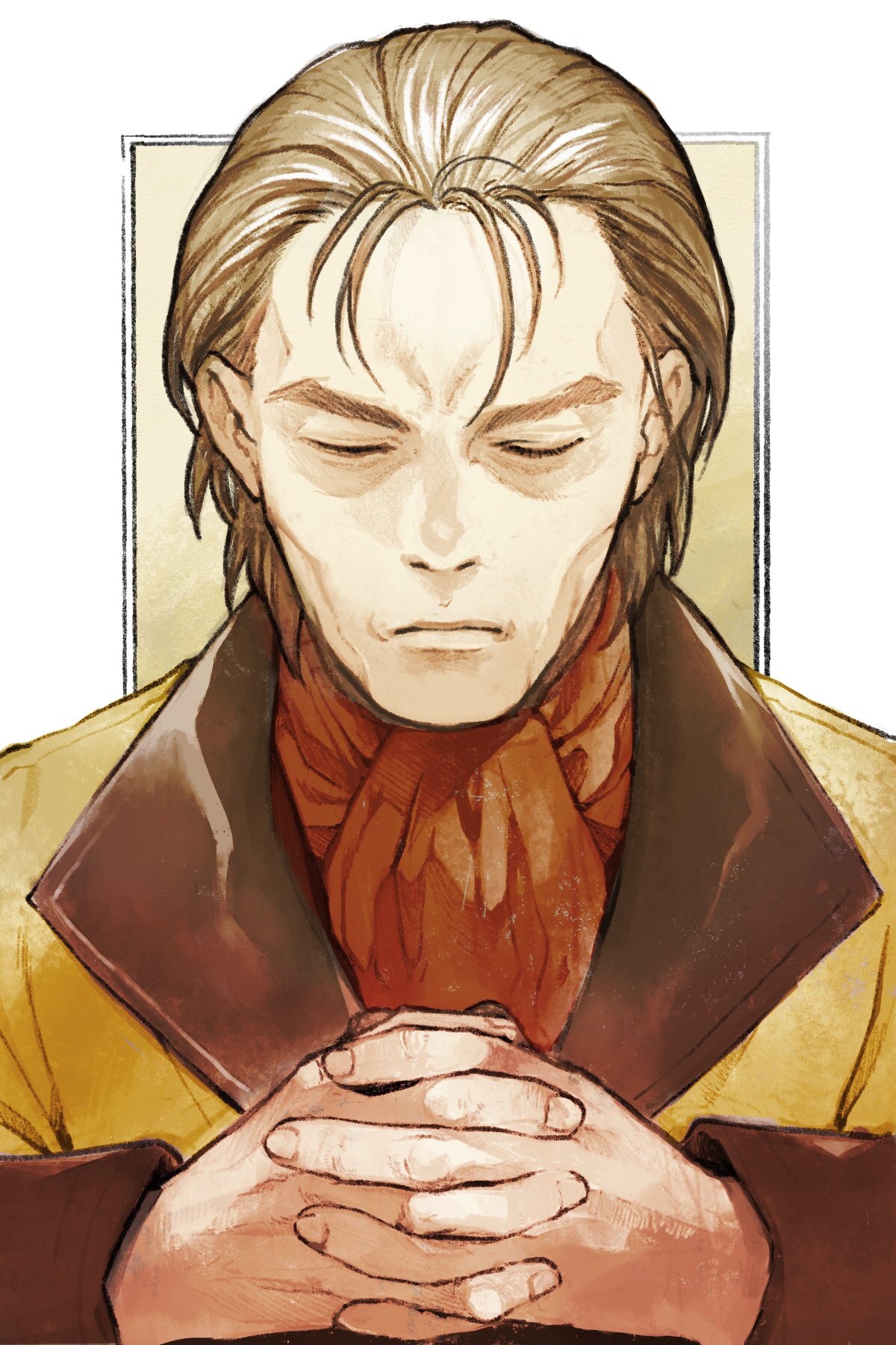 1boy, brown_hair, closed_eyes, closed_mouth, gensou_suikoden, gensou_suikoden_i, highres, interlocked_fingers