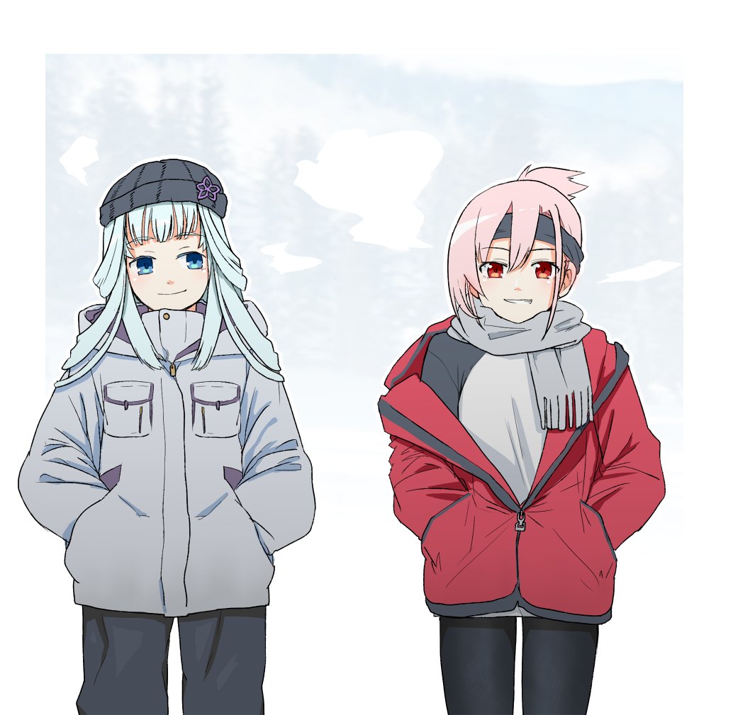 2girls, bangs, beanie, black_headwear, black_pants, blue_background, blue_eyes, blue_hair, breast_pocket, chizuru_(madoka_magica), contemporary, cowboy_shot, flower, grey_jacket, grey_scarf, grey_shirt, grin, hair_between_eyes, hands_in_pockets, hat, hat_flower, headband, hood, hooded_jacket, jacket, light_blue_hair, long_hair, long_sleeves, looking_at_another, looking_at_viewer, magia_record:_mahou_shoujo_madoka_magica_gaiden, mahou_shoujo_madoka_magica, mizuna_tsuyu, multiple_girls, outline, pants, partially_unzipped, pink_hair, pocket, ponytail, red_eyes, red_jacket, scarf, shirt, short_hair, short_ponytail, sidelocks, single_sidelock, smile, sonohi210, straight-on, white_outline, zipper