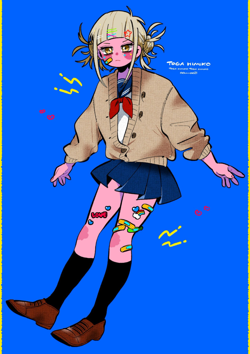 1girl, anna_(aannnaa3), artist_name, bandaid, bandaid_on_cheek, bandaid_on_face, bandaid_on_leg, bandaid_on_thigh