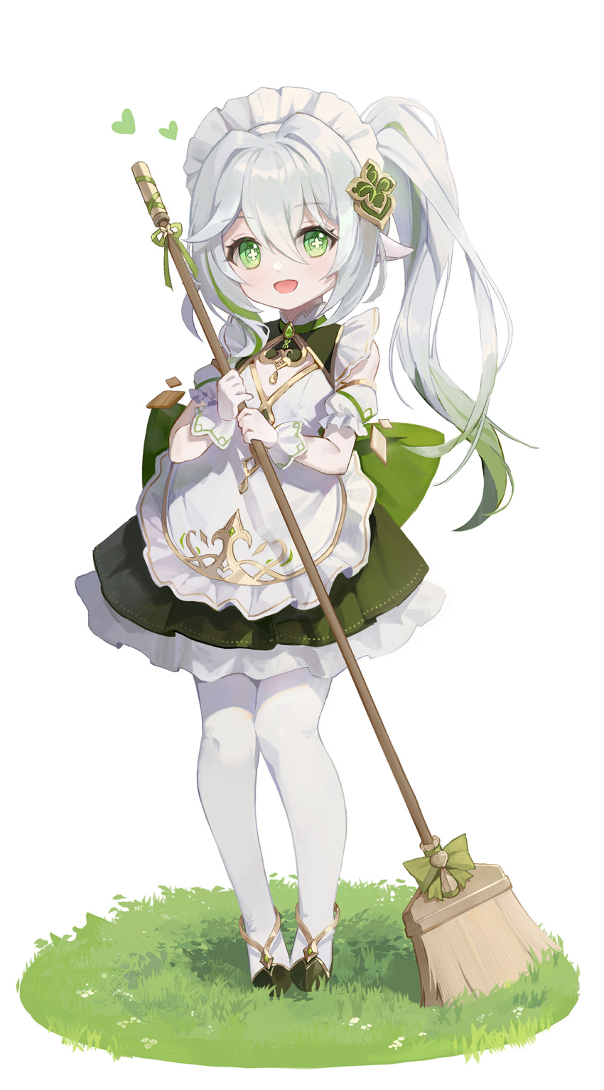 1girl, :d, alternate_costume, apron, bangs, broom, commentary, detached_sleeves