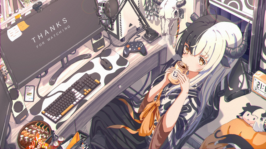 1girl, animal_ears, at_computer, bangs, black_hair, black_horns, black_kimono, blush, book, bookshelf, bow, c4_art, cat, cellphone, checkerboard_cookie, clock, closed_mouth, coffee, coffee_cup, commentary, computer, controller, cookie, cow_ears, cow_girl, cow_horns, cup, digital_clock, disposable_cup, drinking, english_commentary, feet_out_of_frame, food, game_controller, highres, horns, indie_virtual_youtuber, indoors, japanese_clothes, keyboard_(computer), kimono, lens_flare, long_hair, looking_at_viewer, makino_shiro, monitor, mouse_(computer), multicolored_hair, official_art, orange_bow, phone, senbei, skull, smartphone, smile, solo, speaker, split-color_hair, two-tone_hair, two-tone_kimono, virtual_youtuber, white_hair, white_kimono, wide_sleeves, yellow_eyes
