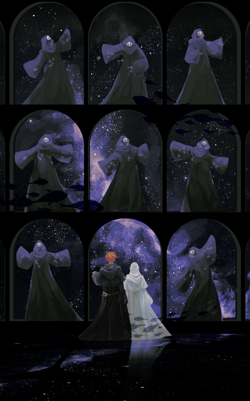 2boys, 6+others, absurdres, ambiguous_gender, arch, arm_at_side, black_capelet, black_robe