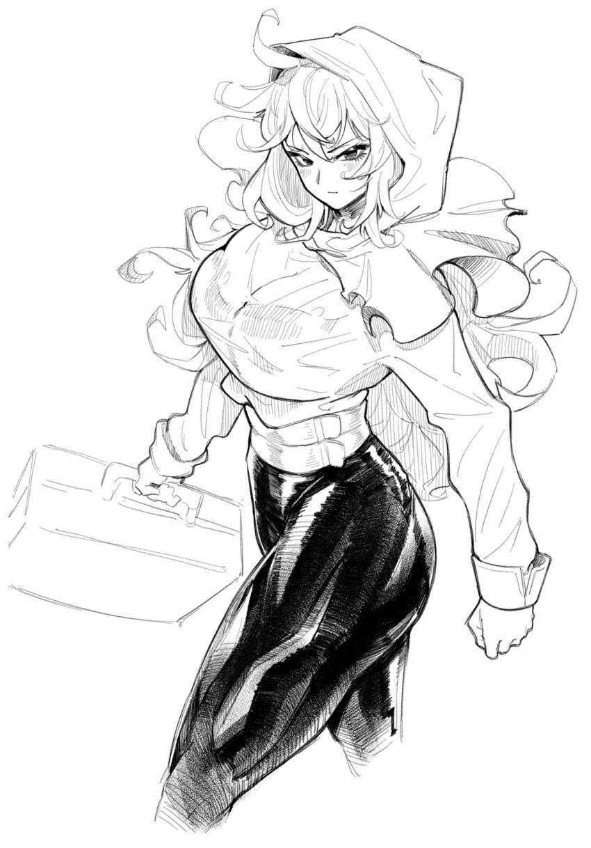 aeyga, grimm_(red_hood), highres, hood, monochrome, muscular, muscular_female, pants, red_hood_(kawaguchi), short_hair, sketch, suitcase, tight, tight_pants