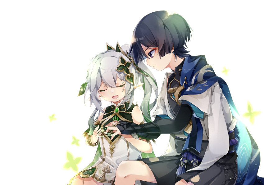 1boy, 1girl, :d, bangs, black_eyes, black_hair, bracelet, bridal_gauntlets