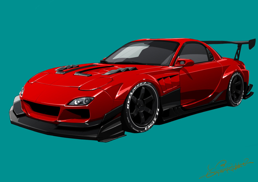 blue_background, car, ground_vehicle, headlight, highres, mazda, mazda_rx-7, motor_vehicle