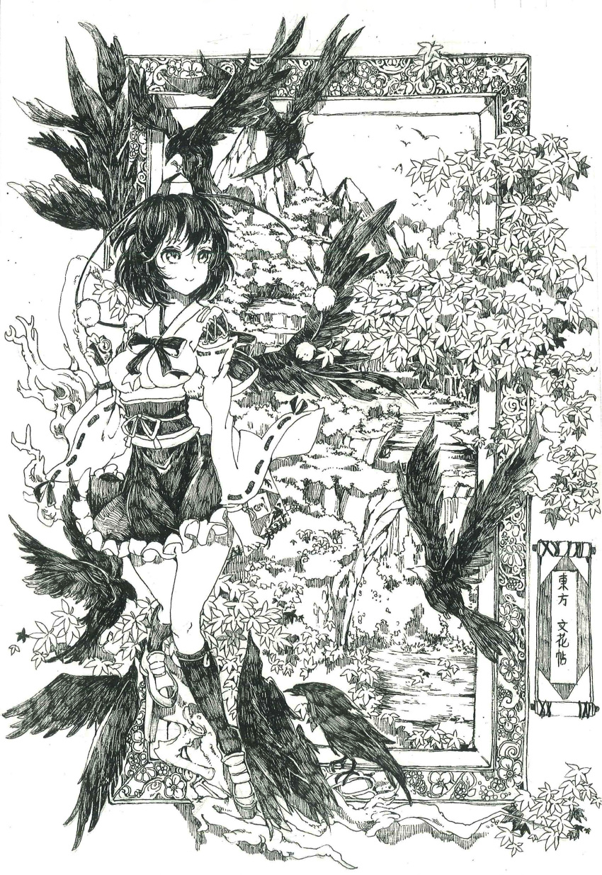 1girl, absurdres, bird, black_hair, branch, crow, full_body, highres