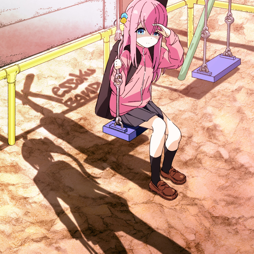 2girls, absurdres, album_cover, album_cover_redraw, black_socks, blue_eyes, bocchi_the_rock!, brown_footwear