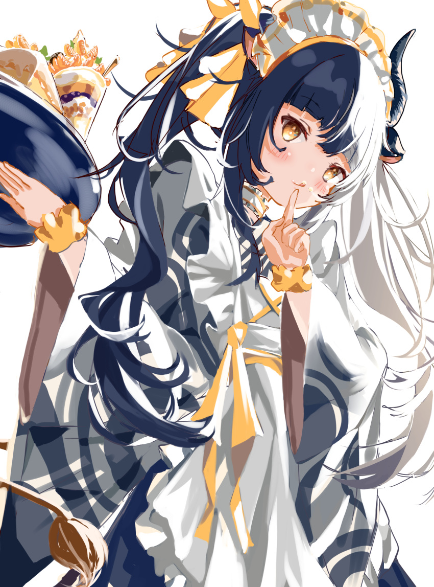 1girl, :q, absurdres, animal_ears, bangs, black_hair, black_horns, blush